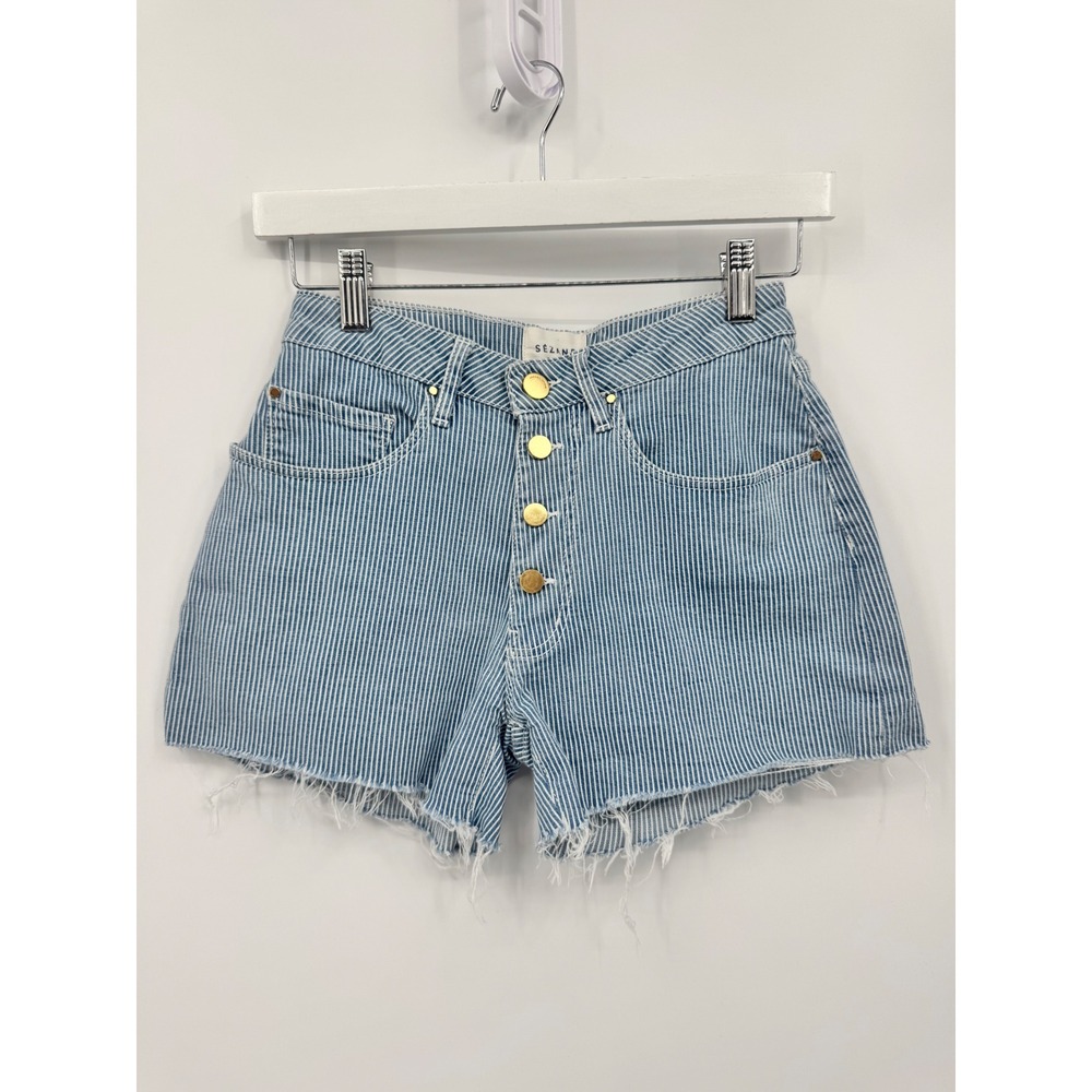 Sezane Denim Shorts Womens 2 Blue White Striped Button Fly Raw Hem